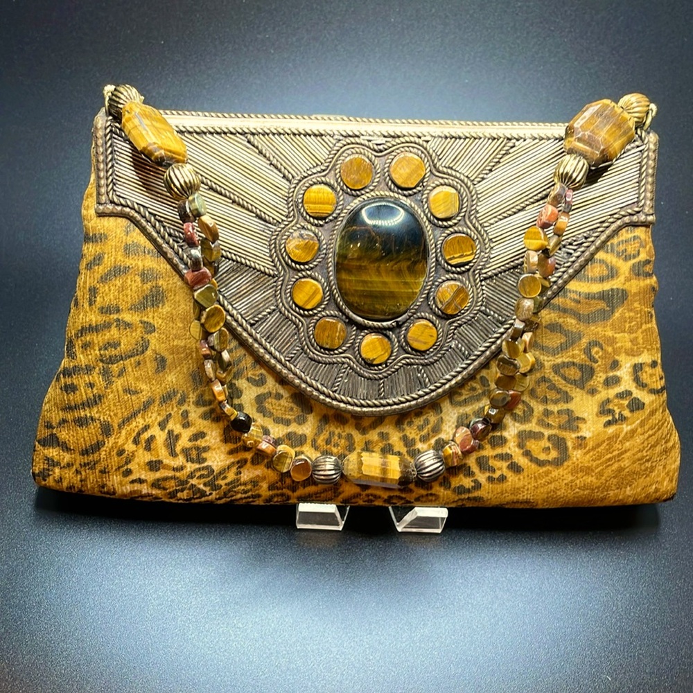 MEERA MAHADEVIA ~LEOPARD ON SILK BAG ~UNIQUE FLAP~GEMSTONES & BEADS~MADE BY HAND